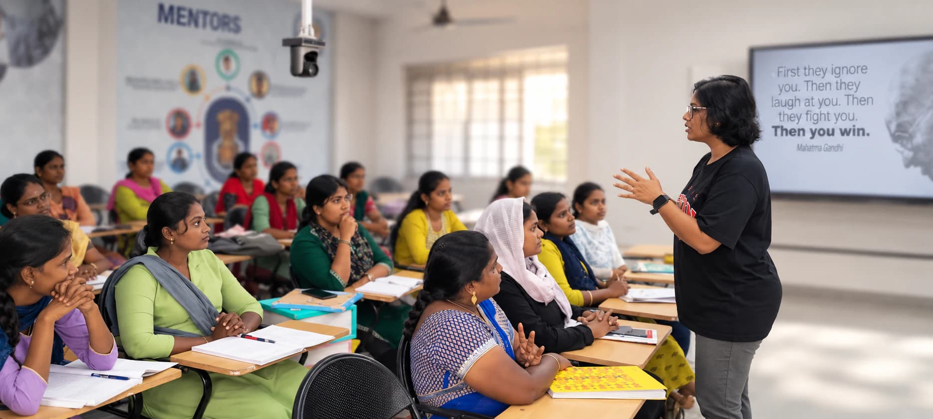Priya speaking to students in a classroom