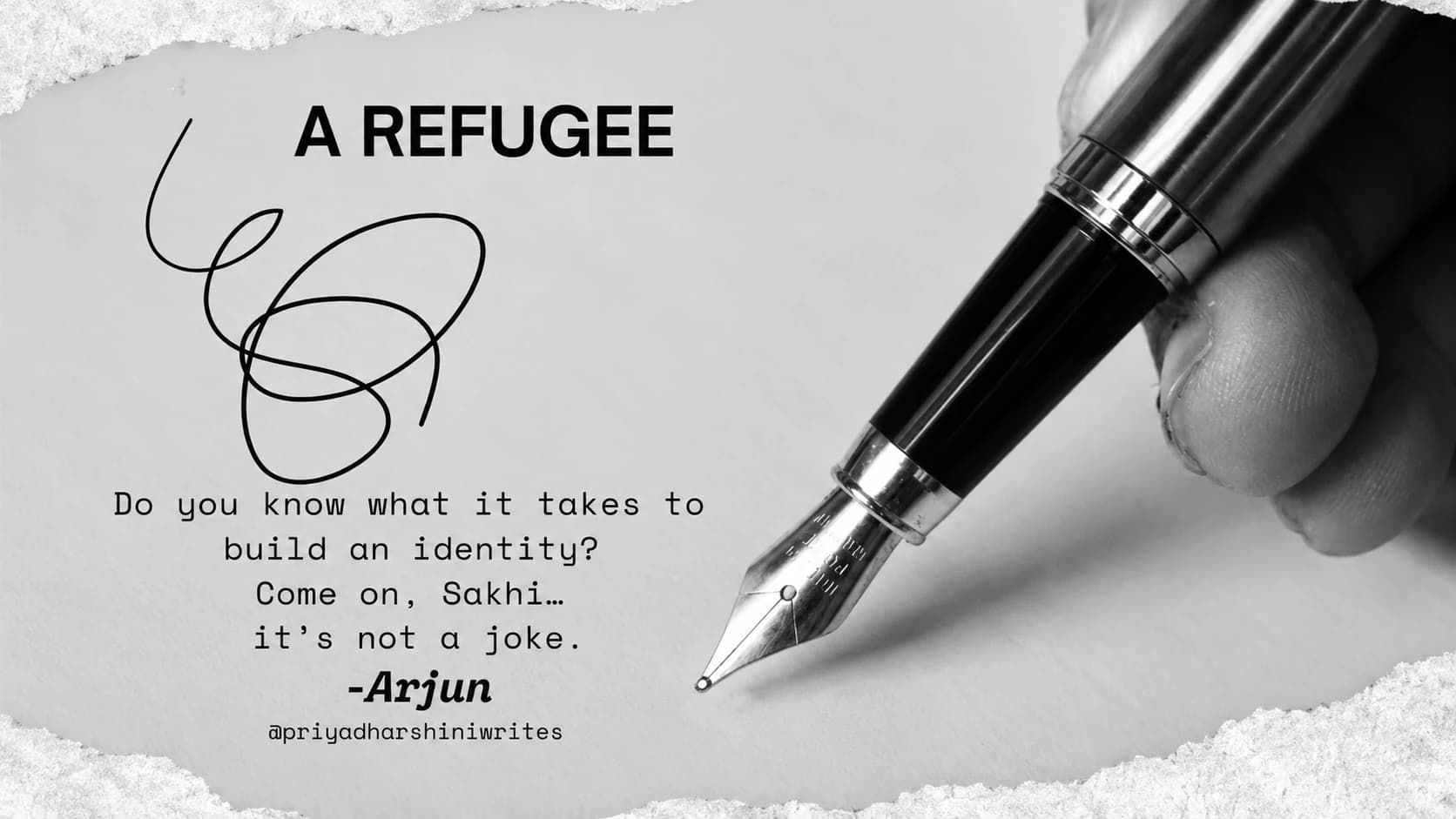 A Refugee quote card beside a fountain pen